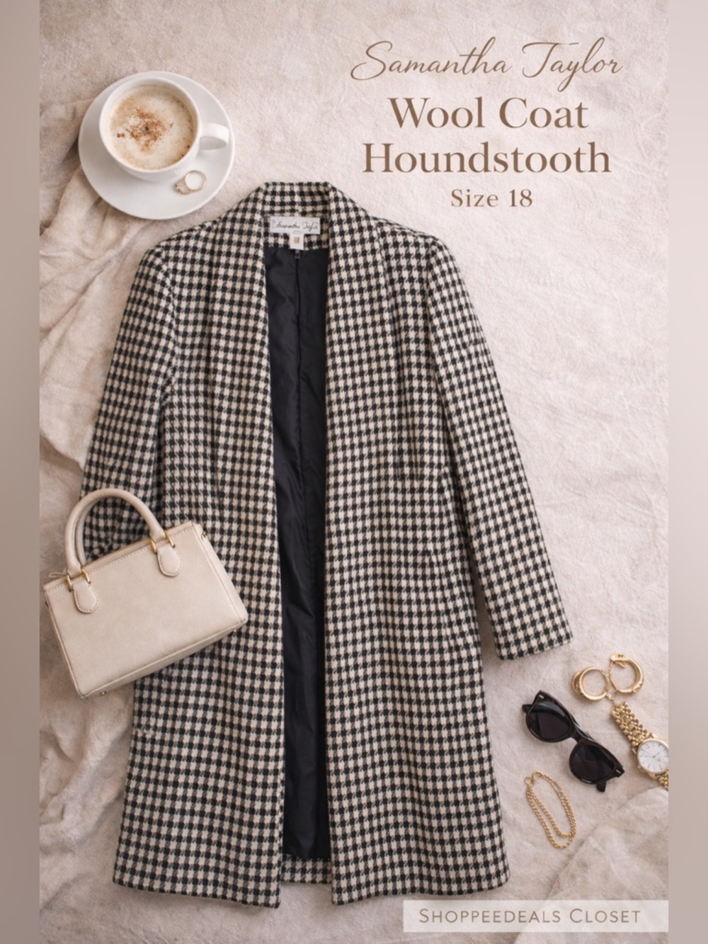 Samantha Taylor Vintage Houndstooth Wool Coat Jacket Black White Size 18